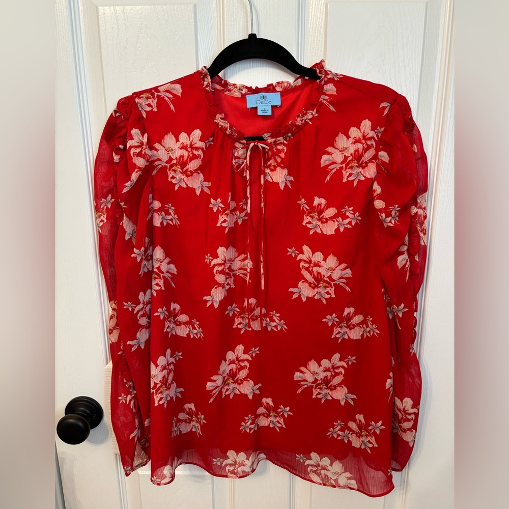 CeCe Red Floral Ruffle Tie Neck Sheer Blouse Size Large Romantic Boho Top - Picture 2 of 9